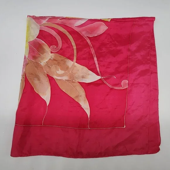 Vintage Floral Silk Batik Scarf With Yellow & Pink Flowers 34" - Picture 4 of 5